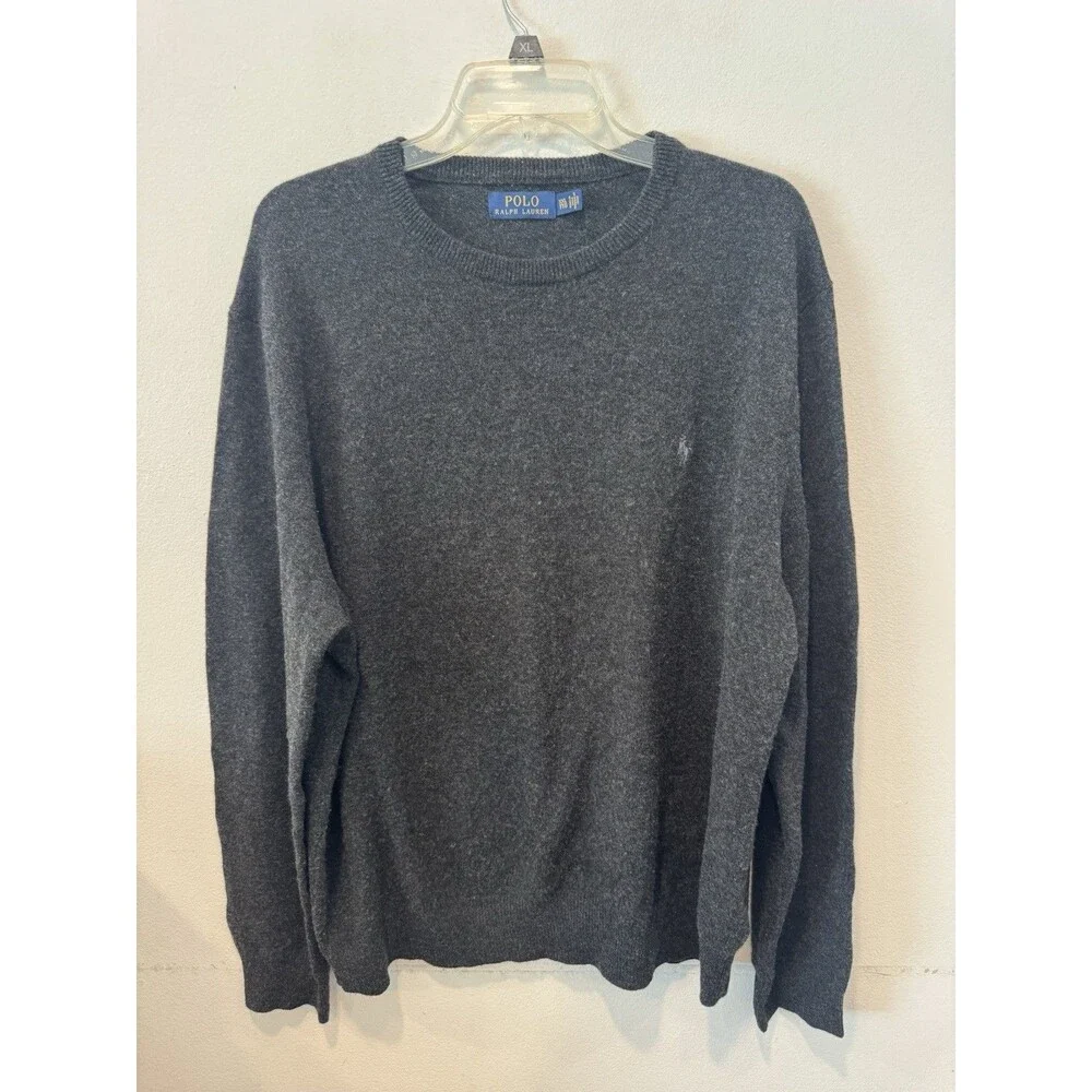 Polo Ralph Lauren Mens XXL Grey Italian Yarn Merino Wool Crew Neck Sweater Pony